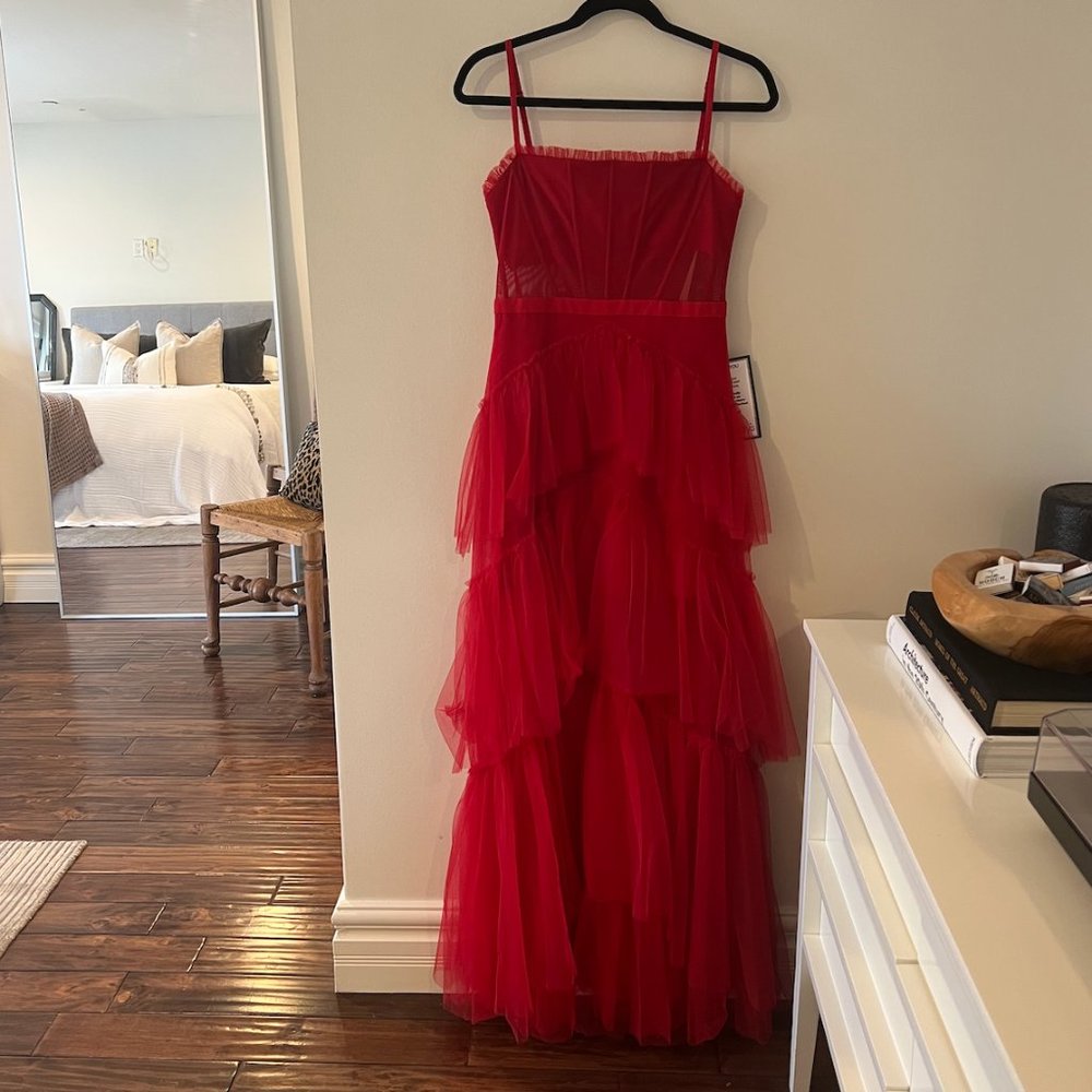 NWT Betsy & Adam Red Mesh Corset Ball Gown